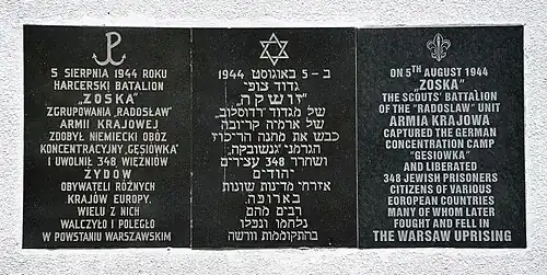 Gęsiówka liberation memorial plaque at 34 Anielewicza Street - the inscription is in Polish, Hebrew and English