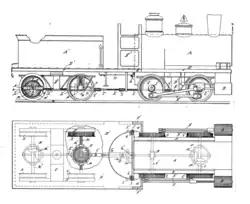 Getriebeloko­mo­ti­ve mit Stütz­ten­der nach Charles D. Scott