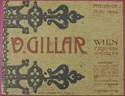 Valerian Gillar: Preisbuch, Mai 1899, vorderer Buchdeckel mit Titel