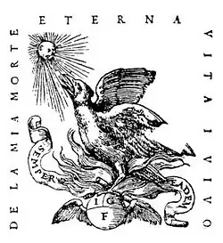A phoenix sits in a nest of flames atop a globe bearing the initials I.G.F., bordered on three sides by the Latin motto, "De la mia morte eterna vita i vivo."