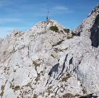 Gipfelaufbau des Zettenkaiser mit Gipfelkreuz, gesehen vom Normalweg aus Richtung Westen