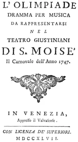Giuseppe Scolari – L´Olimpiade – Titelseite des Librettos – Venedig 1747