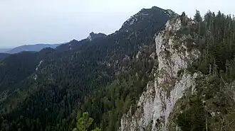 Blick über den Kamm der Glaswand, im Hintergrund die Benediktenwand