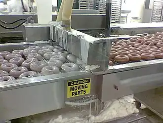 Maschinelles Überziehen von Donuts mit einer Zuckerglasur (hier bei Massenherstellung in einer Krispy-Kreme-Filiale in den USA)