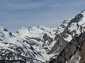 Gletscherhorn, Piz Predarossa und Piz Mungiroi (v.l.n.r), aufgenommen von Maloja