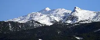 Der Glungezer (genauer: die Sonnenspitze) von Innsbruck aus gesehen. Links vorgelagert das Bärenbader Jöchl, rechts die Neunerspitze (2285&nbsp;m)