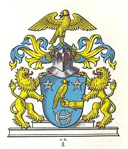 Falken in Wappenschild und Helmzier der Familie Godeffroy