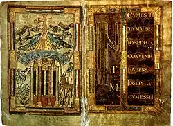 Doppelseite aus dem Godescalc-Evangelistar: Lebensbrunnen und Initiale