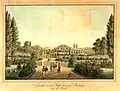 Blick von den Stufen der Neuen Anatomie über deren Vorgarten hinweg nach Osten. Kolorierte Radierung von Friedrich Besemann, um 1830. Im Mittelgrund das Allee Thor, dahinter die Allee Strasse.