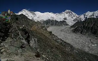 Blick nach Norden auf die Gebirgskette mit dem Cho Oyu (links)