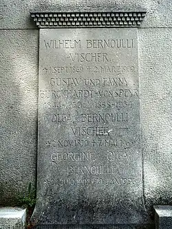 Wilhelm Bernoulli-Vischer (1869–1909) Baumeister, Architekt. Olga Bernoulli-Vischer (2.&nbsp;November 1879–7.&nbsp;Mai 1963), Georgine Olga Bernoulli (27.&nbsp;Juli 1902–19.&nbsp;Januar 1996) Gustav Burckhardt-von Speyr (1844–1930), Fanny Burckhardt-von Speyr (1888–1934) Familiengrab auf dem Wolfgottesacker, Basel