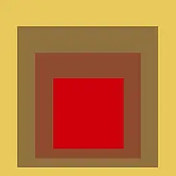Grafik nach Josef Albers: Huldigung an das Quadrat, 1967. In der Umgebung des roten Quadrats erscheint das Rotbraun grünlich und heller.