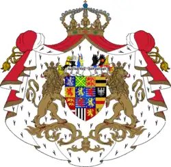 Der Sayner Löwe im Wappen von Adolf von Nassau-Weilburg, Großherzog von Luxemburg, Herzog von Nassau (untere Reihe, 2. von links)