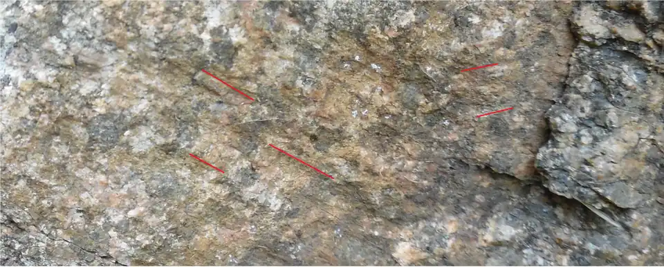 Seitenverschiebung mit Harnischen in der grobkörnigen Fazies des Piégut-Pluviers-Granodiorits bei Moulin de la Côte, Saint-Martin-le-Pin