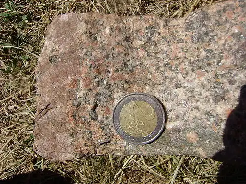 „Rotfazies“ im gewöhnlichen Granodiorit bei Abjat-sur-Bandiat, am linken Rand ein rosafarbener Aplitgang