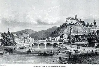 Schlossberg und Franz-Carl-Kettenbrücke (1855) (heute: Erzherzog-Johann-Brücke), davor die Albrechtsbrücke (heute: Tegetthoffbrücke)