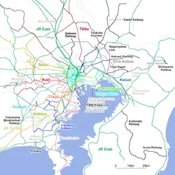 Metropolregion Kantō: Die Linien der U-Bahn Tokio werden auf Strecken der zahlreichen Privatbahnen im Großraum Tokio durchgebunden und reichen so weit über die Kernstadt hinaus