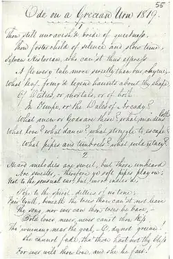 Manuscript in Keats’s hand titled “Ode on a Grecian Urn 1819.” It is a fair copy in pen and ink of the first two verses of the poem. The writing is highly legible, tall and elegant, with well-formed letters and a marked slope to the right. The capital letters are distinctive and artistically formed. Even-numbered lines are indented with lines 7 and 10 are further indented. A scallopy line is drawn beneath the heading and between the verses.