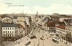 Blick vom Turm der Johanniskirche in den Grimmaischen Steinweg, um 1900