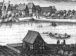 Merian-Stich der Grohnder Fähre mit einer gestakten Wagenfähre und einem Fährboot, im Wasser die Pfahljoche der ehemaligen Brücke, 1654