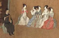 „Nachtbankett des Han Xizai“. Der Hofmusikdirektor links mit einer Klapper paiban, die Frauen spielen zwei Doppelrohrblattinstrumente guan und drei Querflöten dizi. Gemälde des 12. Jh.