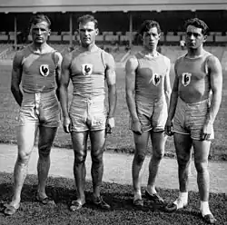 Das französische Weitsprungteam (v.&nbsp;l.&nbsp;n.&nbsp;r.): – Charles Guézille (5,49&nbsp;m/27.), Marcel Orfidan (6,39&nbsp;m/14.), Charles Courtin (6,23&nbsp;m/17.), Eugène Coulon (6,50&nbsp;m/11.)
