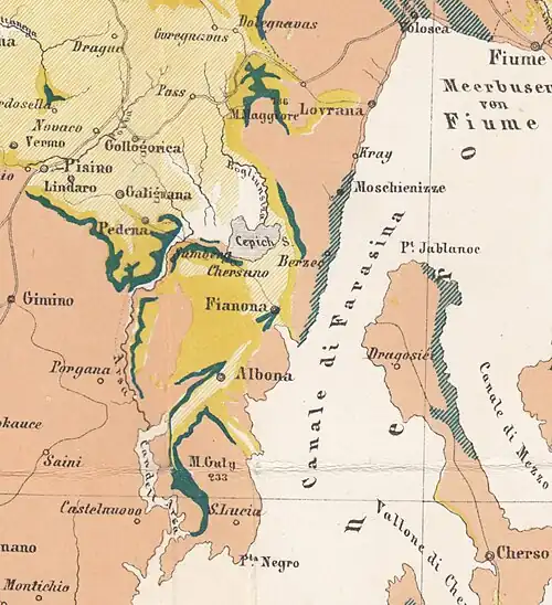 Darstellung des Flusslaufs auf einer geologischen Karte (von Guido Stache) von 1864