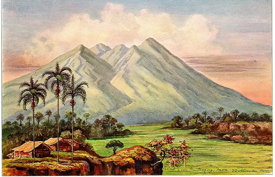 Ansicht von Buitenzorg. Von Ernst Haeckel im Jahr 1900 gefertigt. Deutlich sichtbar ist die Schlucht des Flusses Apus, in welcher 1699 ein Schlammstrom zu Tal abging und im Hinterland von Batavia große Schäden angerichtet hat.