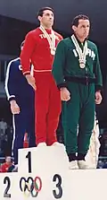 Siegerehrung im Ringen 1964: vorne Mohammad-Ali Sanatkaran mit Bronze