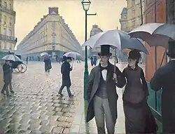 Impressionismus. Texturperspektive beim Straßenpflaster. Gustave Caillebotte: Straße in Paris an einem regnerischen Tag, 1877.