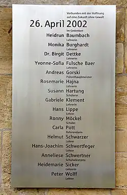 Gedenktafel zum 26.&nbsp;April 2002
