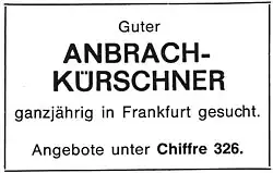 „Guter ANBRACH-KÜRSCHNER ganzjährig in Frankfurt gesucht.“ (Anzeige 1976)