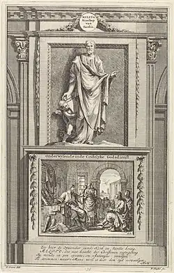 Melito von Sardes in der Reproduktion einer Buchillustration über Apostolische Antiquitäten, einmal stehend in Kleidung der Antike, einmal in einer Szene mit anderen Menschen im Gespräch