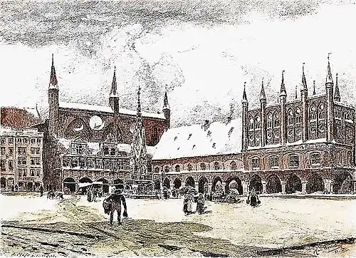 Rathaus mit neugotischen Brunnen und Marktplatz anno 1881 von Hans von Bartels