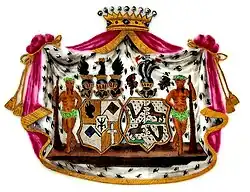 Ehe-Allianzwappen Graf Eduard von Haeseler (1799–1879) und Adolphine, geb. Freiin von dem Knesebeck (1804–1890), Eltern der Dichterin Helene von Hülsen