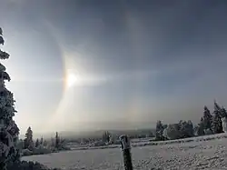 Rechte Nebensonne, 22°-Ring, 46°-Ring, Horizontalkreis und rechte Tapes-Bögen bei Altenberg am 25.&nbsp;Januar 2014