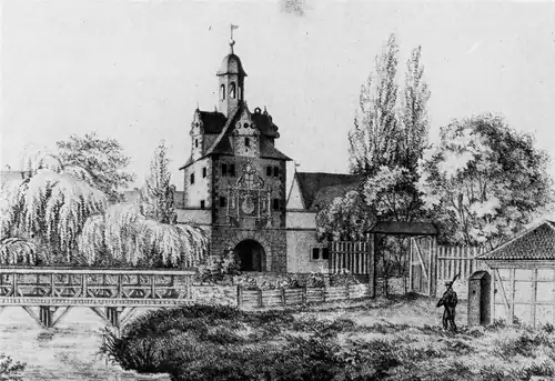 Das Kanaltor von der Innenseite auf einer Zeichnung von Carl Wilhelm Woerishoffer vor 1829. Links im Bild der Rest des ehemaligen Hafenkanals mit überquerender Brücke.