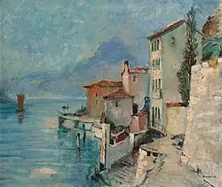 Blick auf Gandria am Luganersee im Morgenlicht, Öl auf Leinwand