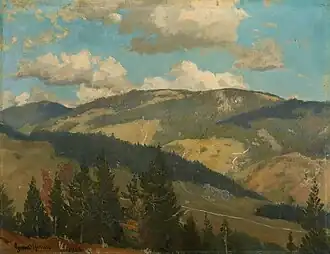 Der Doppelgipfel der Bärhalde hinter dem Tal der Menzenschwander Alb aus Richtung des Kleinen Spießhorns, Gemälde von Hans Thoma (1866)