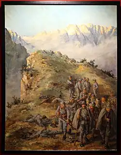 Die Gefangennahme Battistis und Filzis auf dem Monte Corno in einem Bild des Kriegsmalers Hans Bertle (Tiroler Landesmuseum)