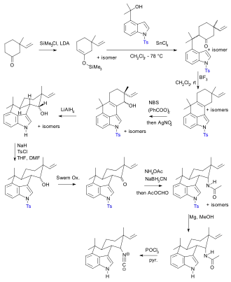 Hapalindol U Muratake 1990 Ts-Schutzgruppensynthese (Schutzgruppen in blau.)