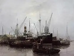 Harlingen im Nebel. Der Seemaler Peter Sterkenburg kam zur Welt in Harlingen, in der niederländischen Provinz Friesland. Er hat die Hafenstadt öfters als Hintergrund für seine Gemälde benutzt. Hier hat er Schiffe um 1950 im Wilhelmshaven abgebildet. Das Gemälde stammt aus 1994.