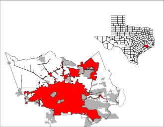 Lage von Houston im Harris County (links) und in Texas (rechts)