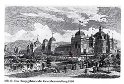Hauptgebäude für die Gewerbe- und Kunstausstellung im Zoo-Gelände, Zeichnung von Themistokles von Eckenbrecher