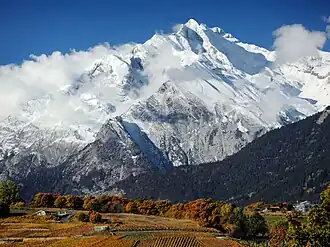 Ostflanke des Haut de Cry, von Champlan (Grimisuat) aus gesehen. Im Vordergrund die Weinberge von Savièse.