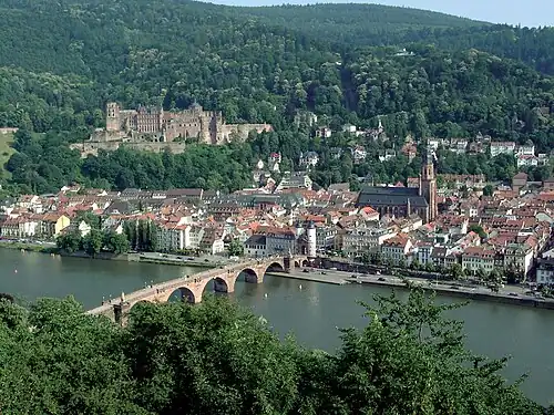 Heidelberger Altstadt mit Schloss, Heiliggeistkirche und Alter Neckarbrücke.