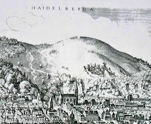 Merian-Stich von Heidelberg im Jahr 1620 mit Blick auf den Buntsandstein-Steinbruch Riesenstein am entwaldeten Gaisberg (1620)