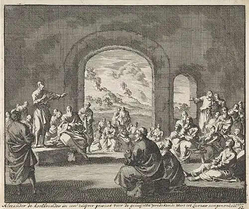 Der heilige Alexander Carbonarius predigt vor der frühen christlichen Gemeinde. Er trägt ein sauberes Gewand und hat sich gewaschen. Die Gemeinde nimmt ihn als ihren neuen Bischof an, Illustration von Jan Luyken im Rijksmuseum Amsterdam, 1700