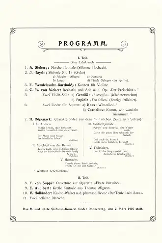 Konzertprogramm mit Röpenack und der Kapelle des 12. Infanterieregiments Nr. 177, Waldschlößchen-Terrasse, Dresden 1907