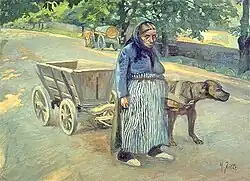 Heinrich Zille: Alte Frau mit Hundefuhrwerk (vor 1910?)